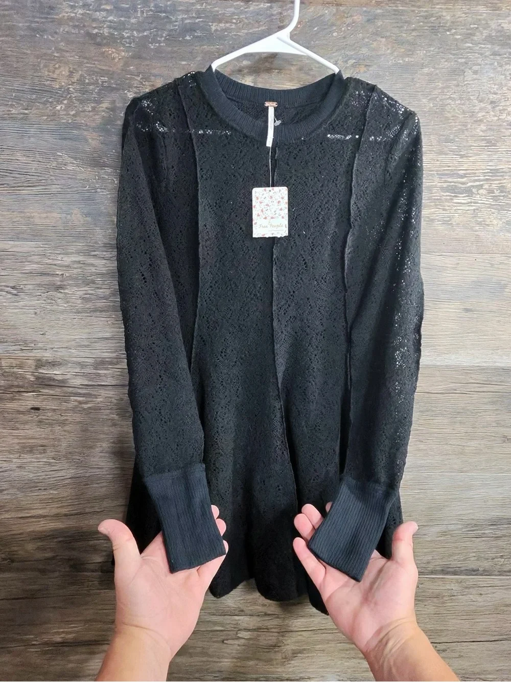 Free People Black Lace Panel Long Sleeve Blouse